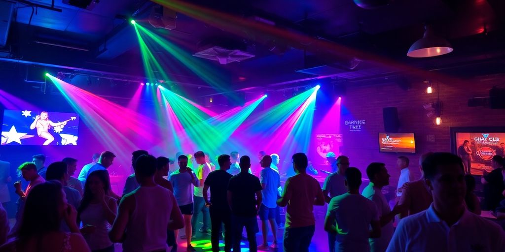 Vibrant San Antonio gay bar with colorful lights and lively patrons.
