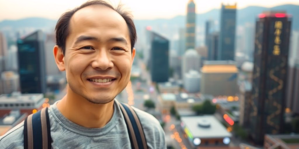 Elegant man in Taipei cityscape background.