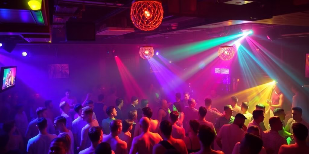 Energetic gay dance club scene with vibrant lights.