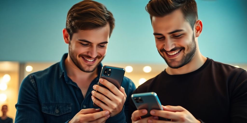 Two men sharing smiles, looking at phones.
