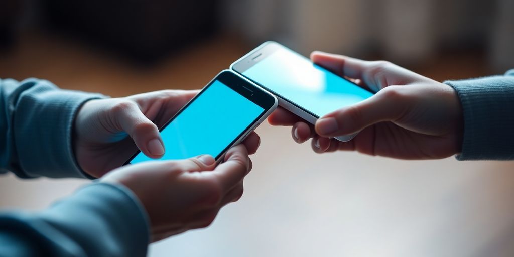 Two people connecting through phones.