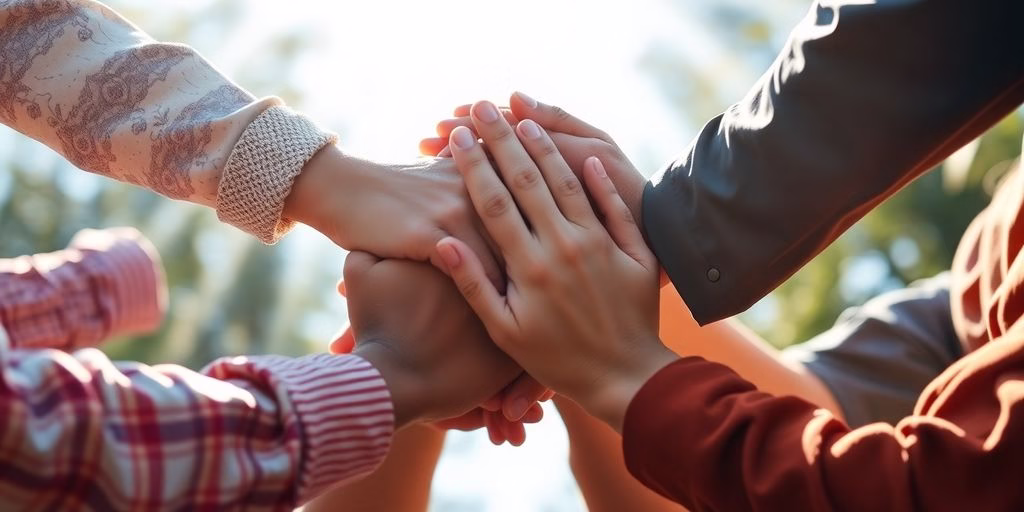 Diverse hands joining together in a supportive gesture.