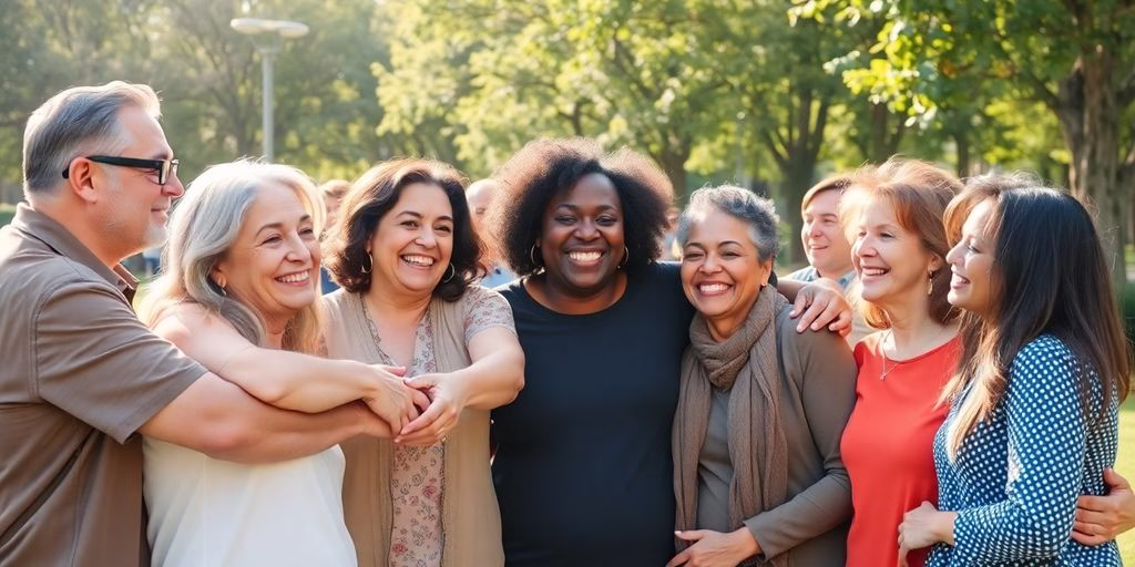 Diverse group embracing in a sunlit park.