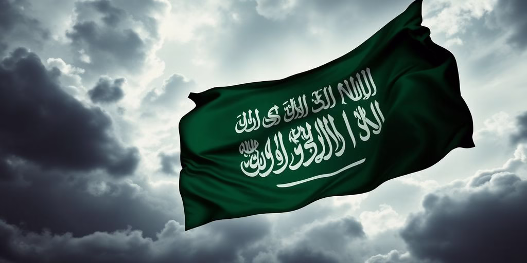 Saudi Arabian flag against a dark, stormy sky.