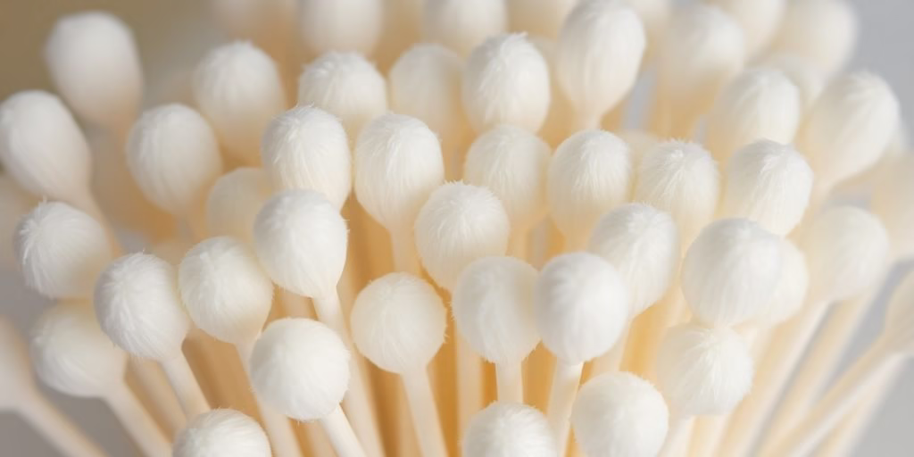 Close-up of cotton swabs in a clear container.