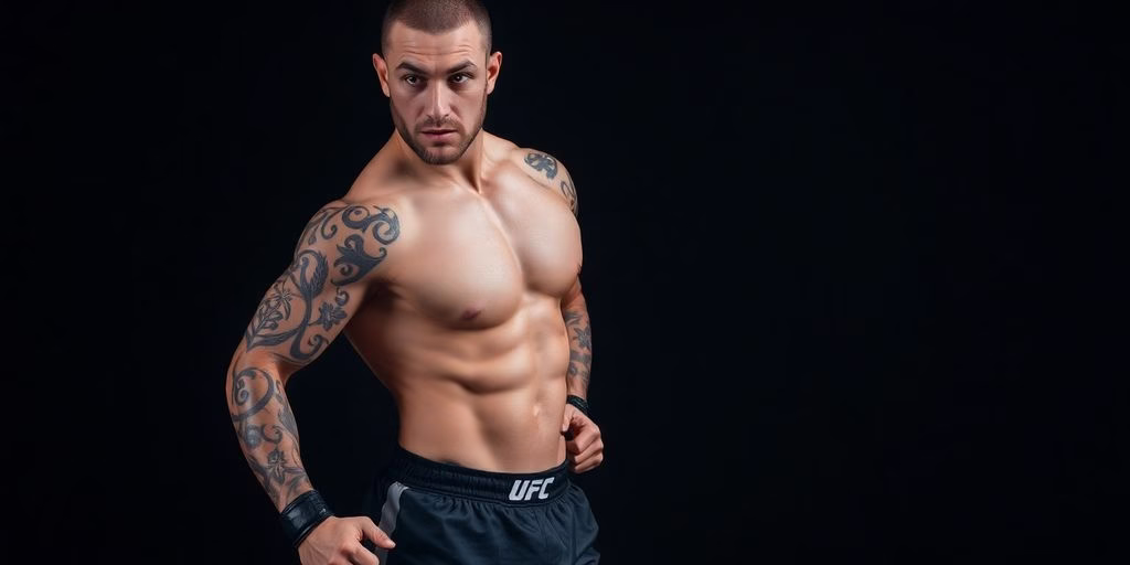 Muscular fighter with tattoos posing confidently.