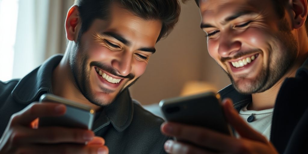 Two men sharing playful smiles, holding phones.