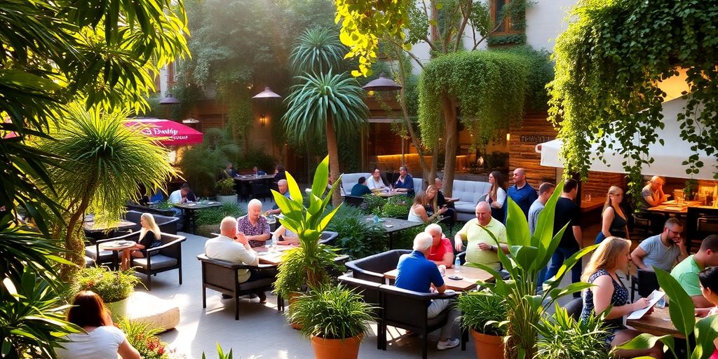Vibrant patio with lush greenery and colorful seating.