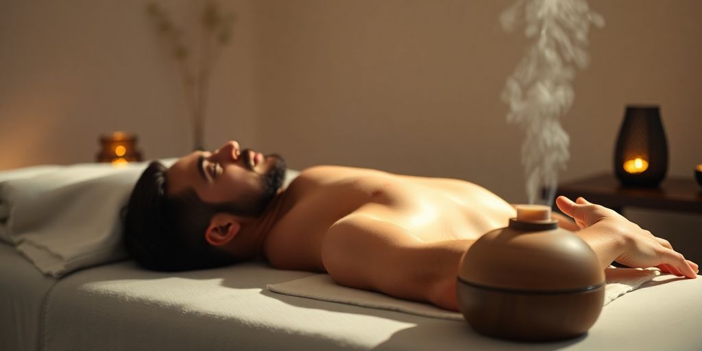 Man relaxing during aromatherapy massage with diffused oils.