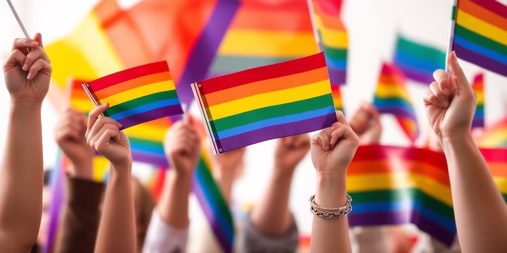 Diverse hands holding colorful pride flags.