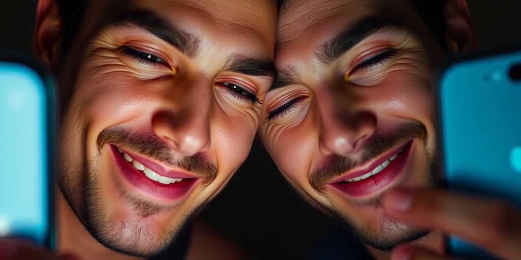 Two men sharing a playful moment over a phone.