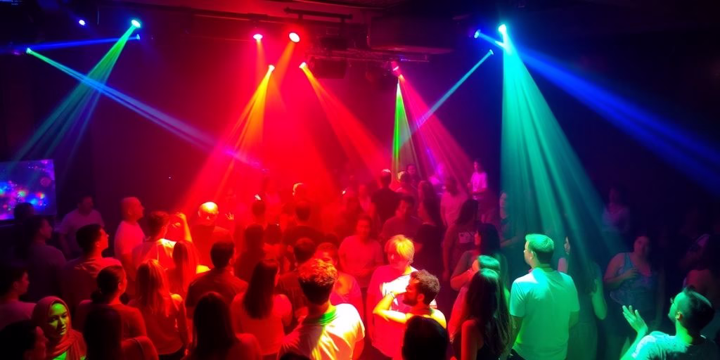 Vibrant dance floor with colorful lights and energetic crowd.