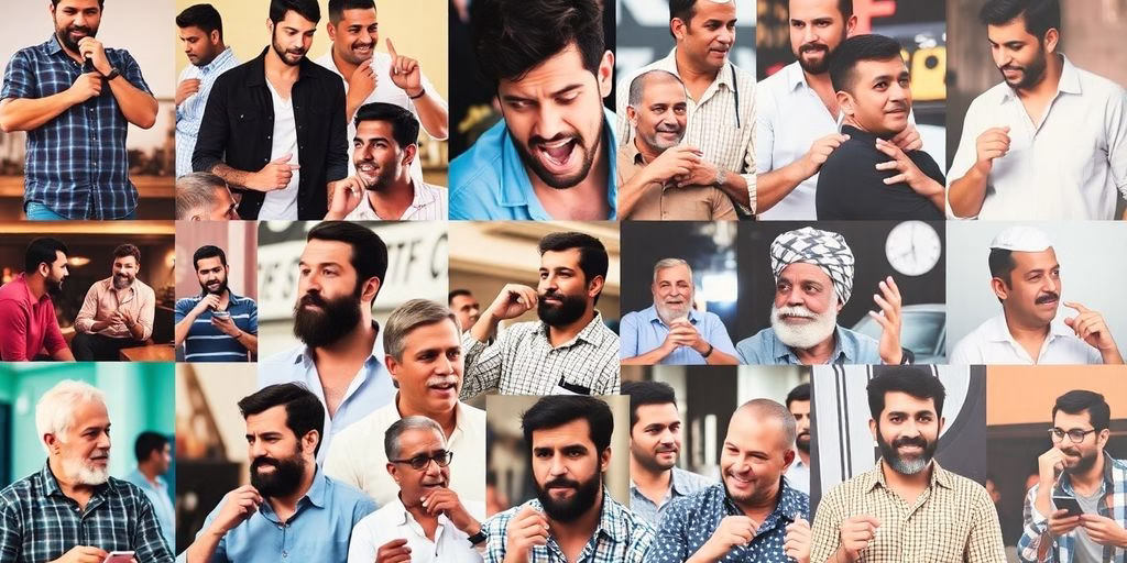 Diverse men interacting in vibrant, stylized settings.