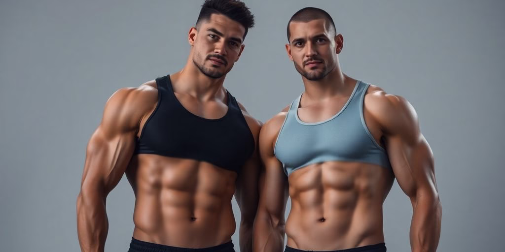 Two muscular men in athletic gear, close together.