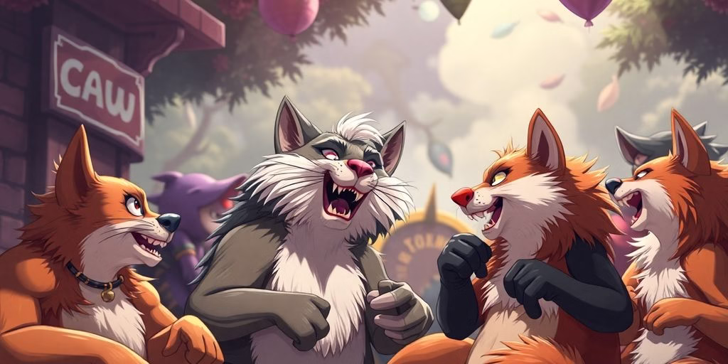 Furry characters interacting in vibrant digital art.