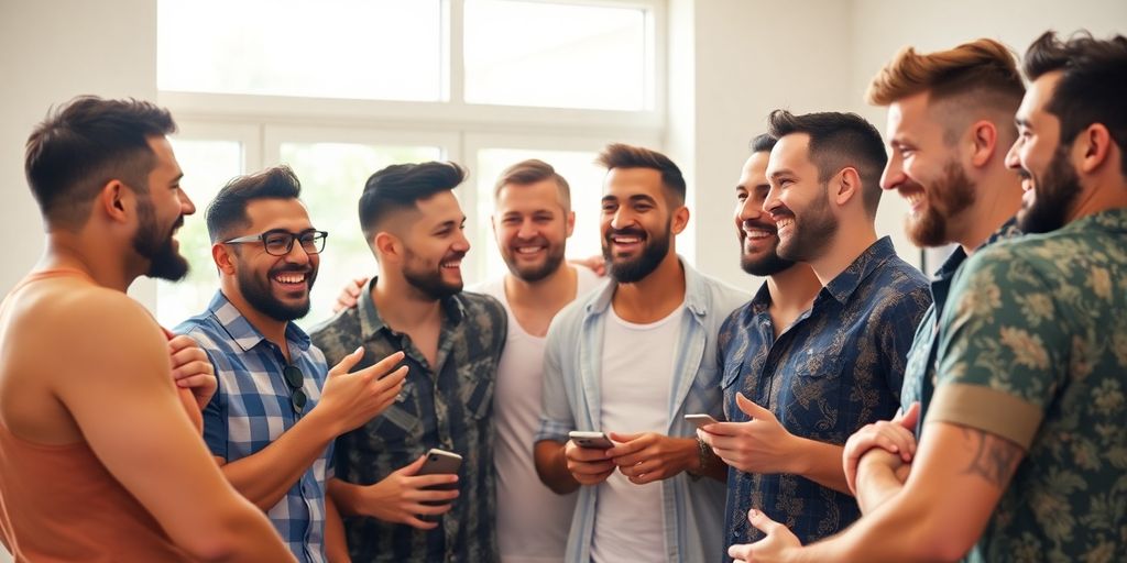 Gay men smiling and interacting on a vibrant online platform.
