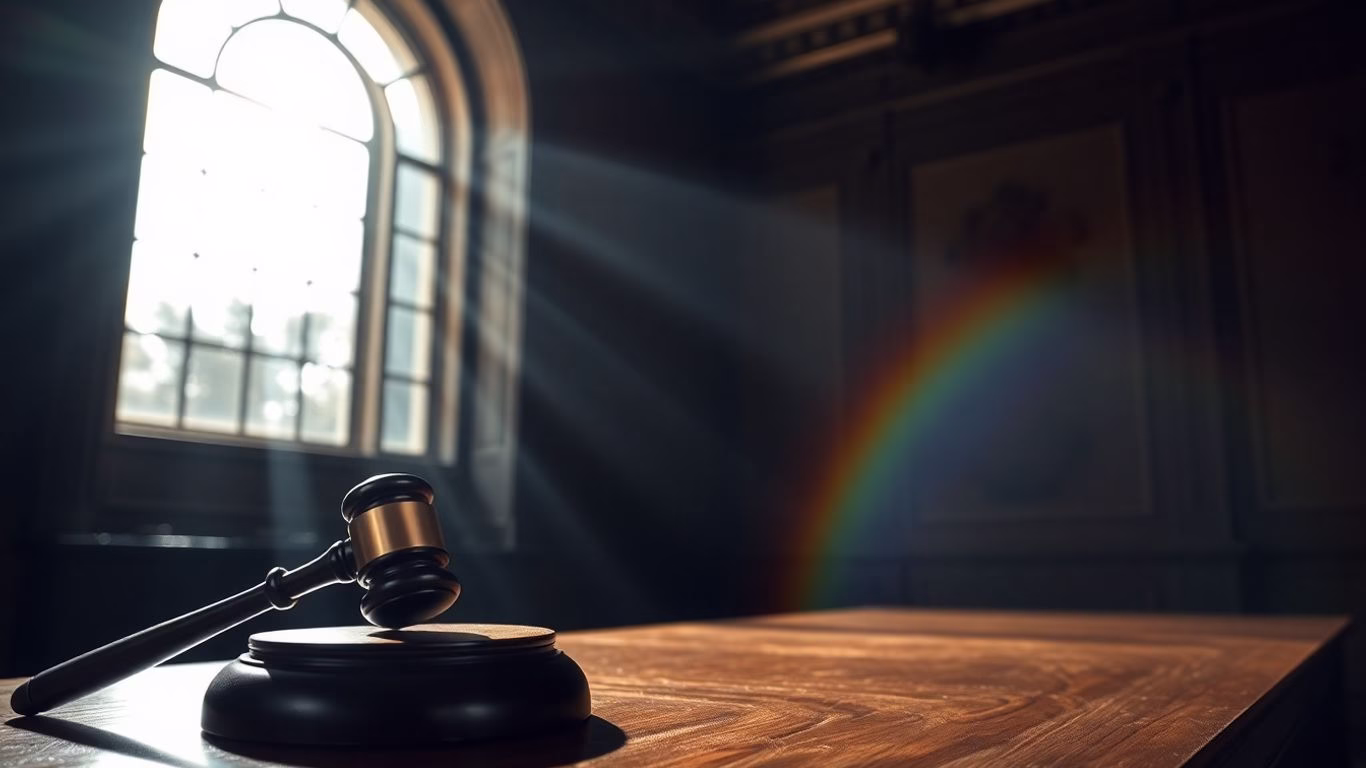 Courthouse interior with subtle rainbow light.