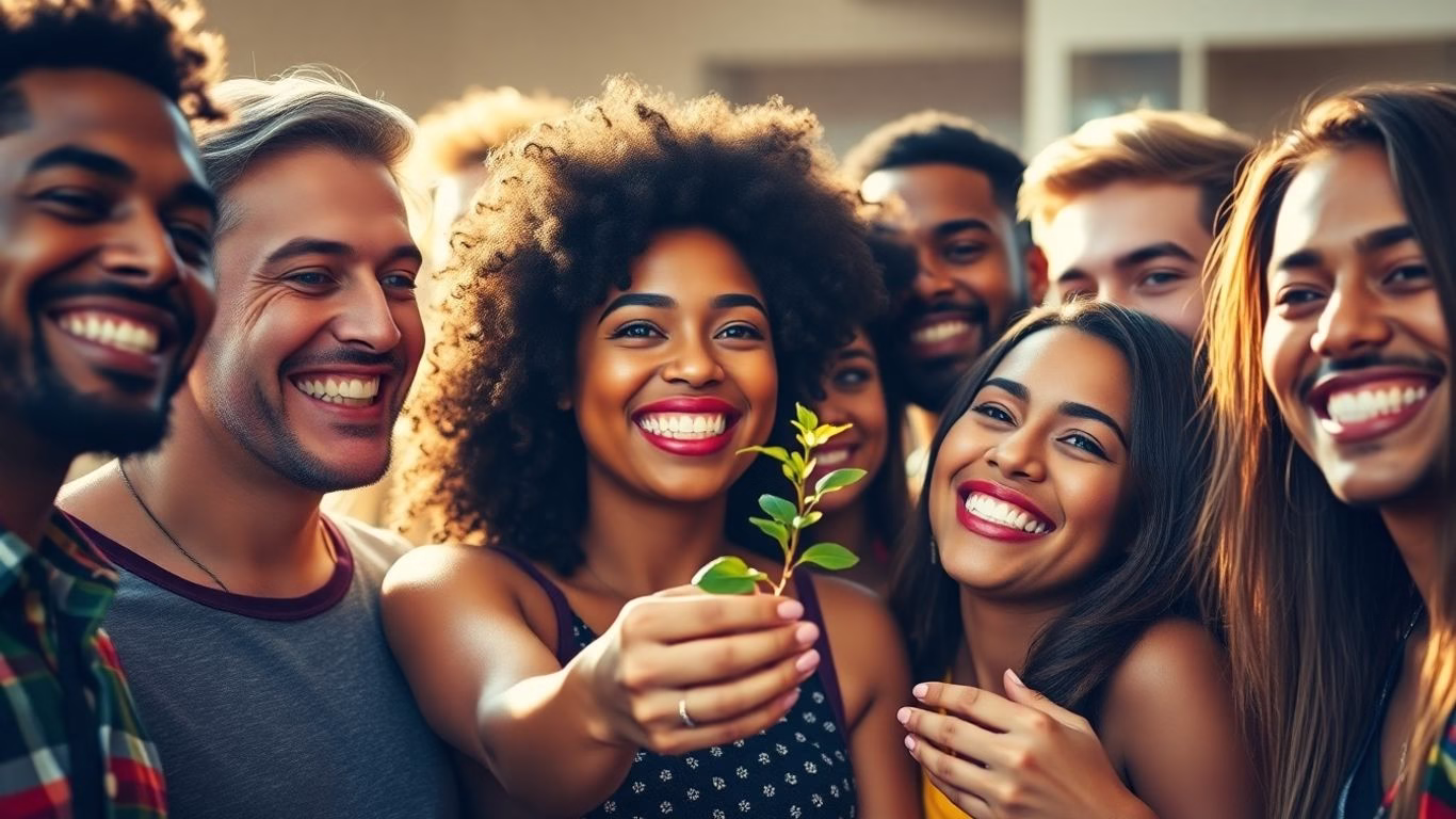 Diverse LGBTQ+ individuals smiling together in hopeful light.