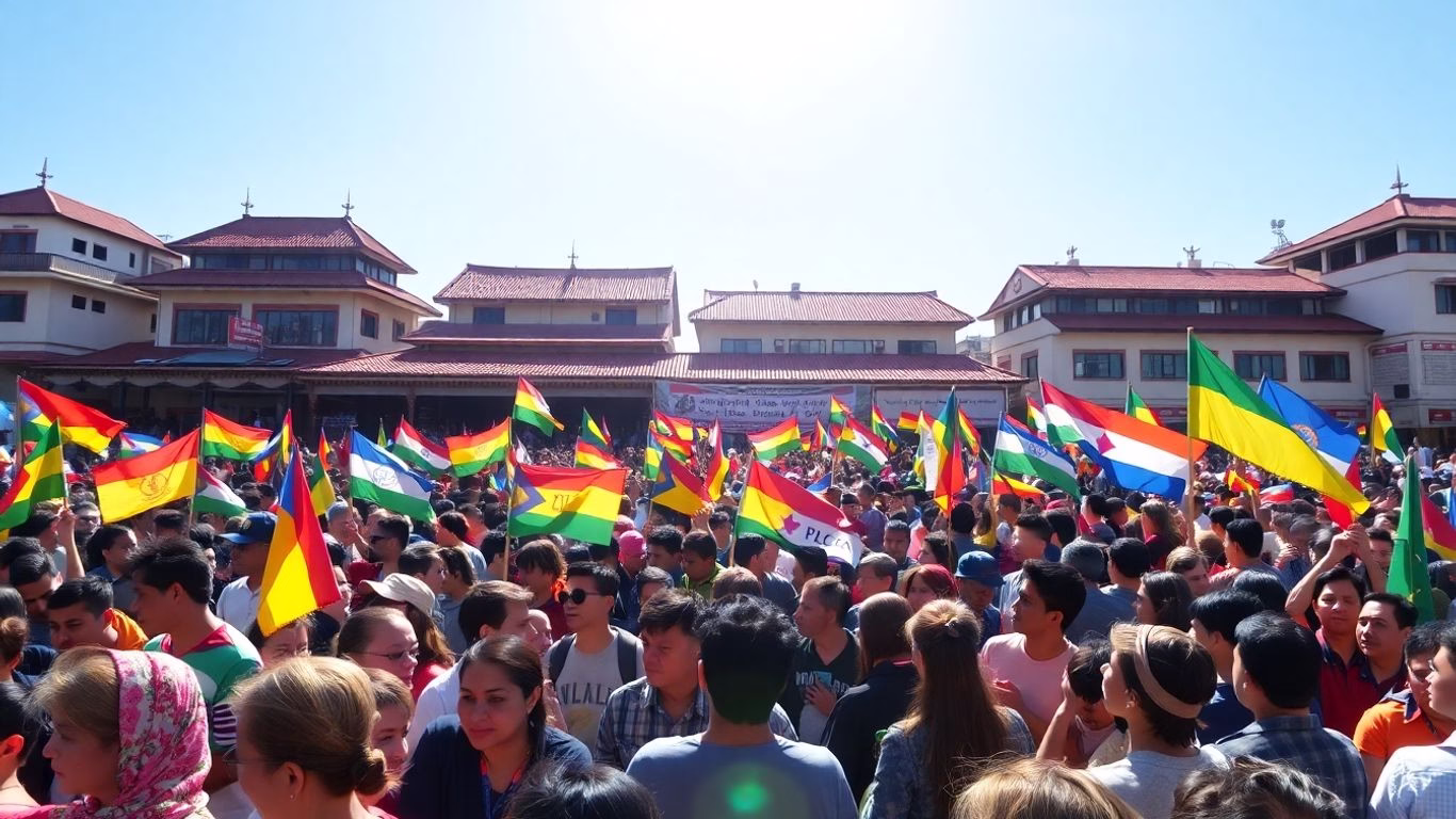 Diverse crowd holding colorful flags, unity and hope.