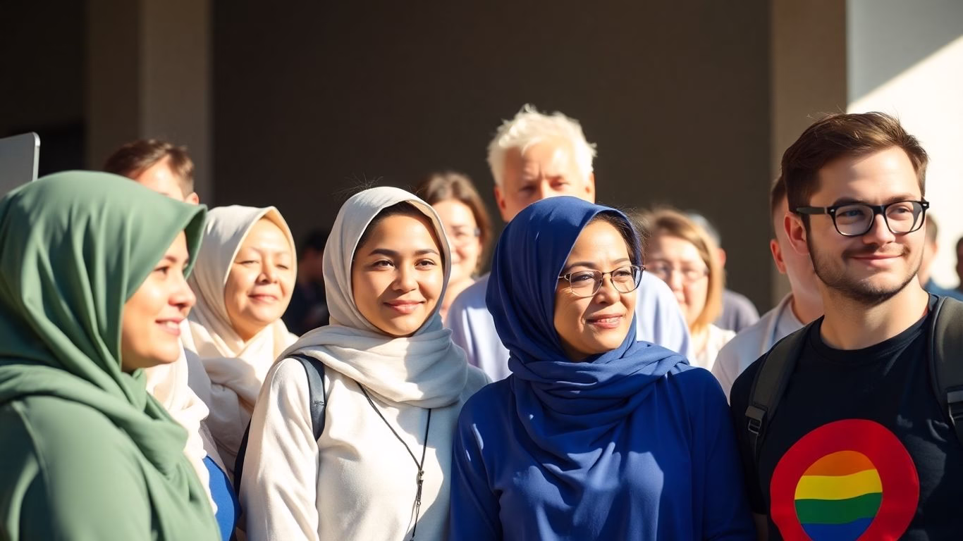 Diverse group discussing LGBTQ+ rights in Muslim communities.