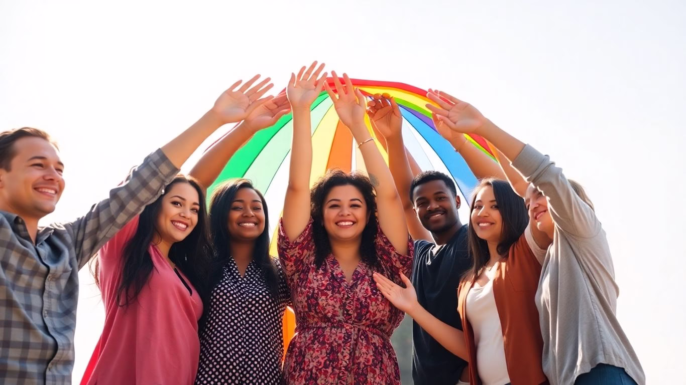 Diverse group holding hands in a rainbow arc.