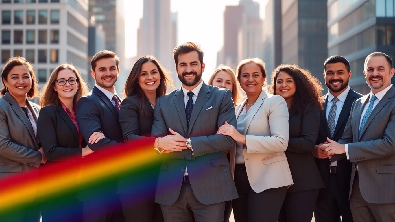 Diverse professionals collaborating for LGBTQ+ rights.