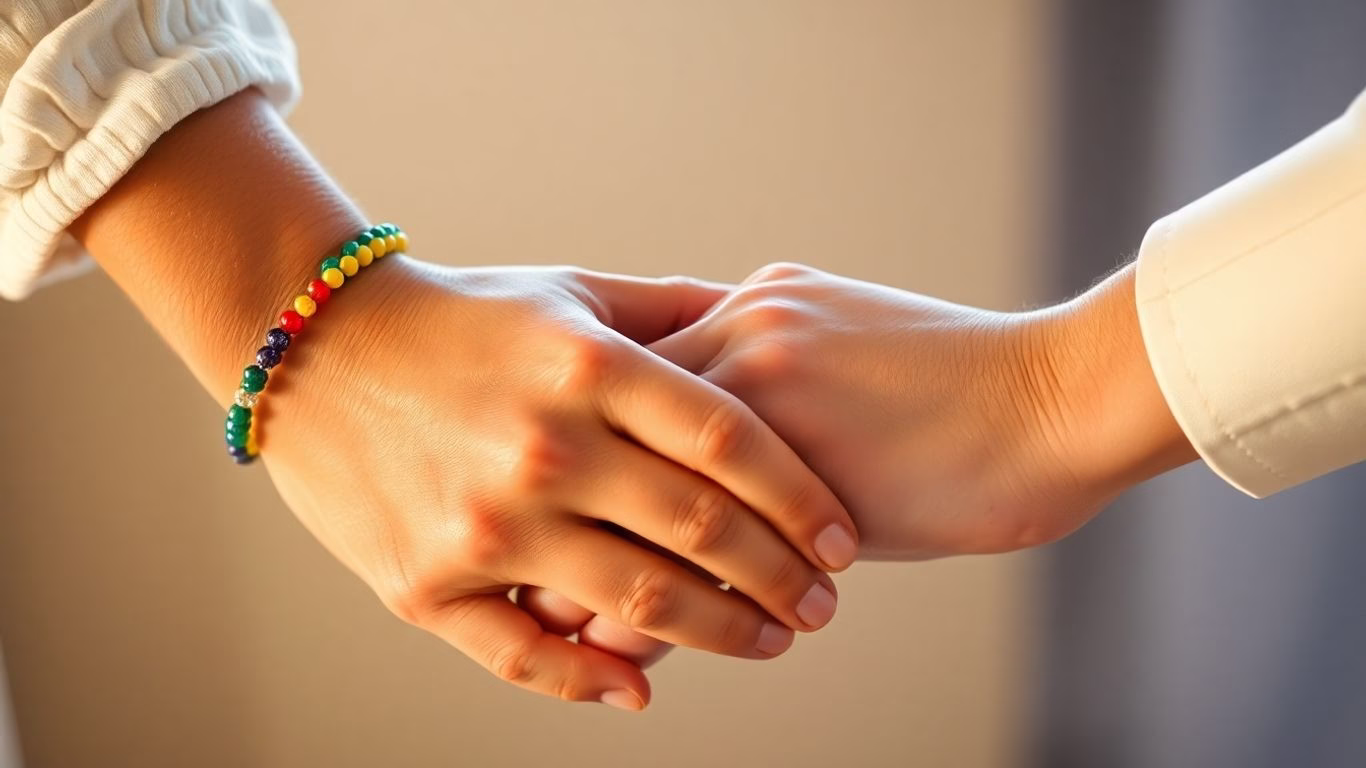 Hands clasped, rainbow and cross symbols.