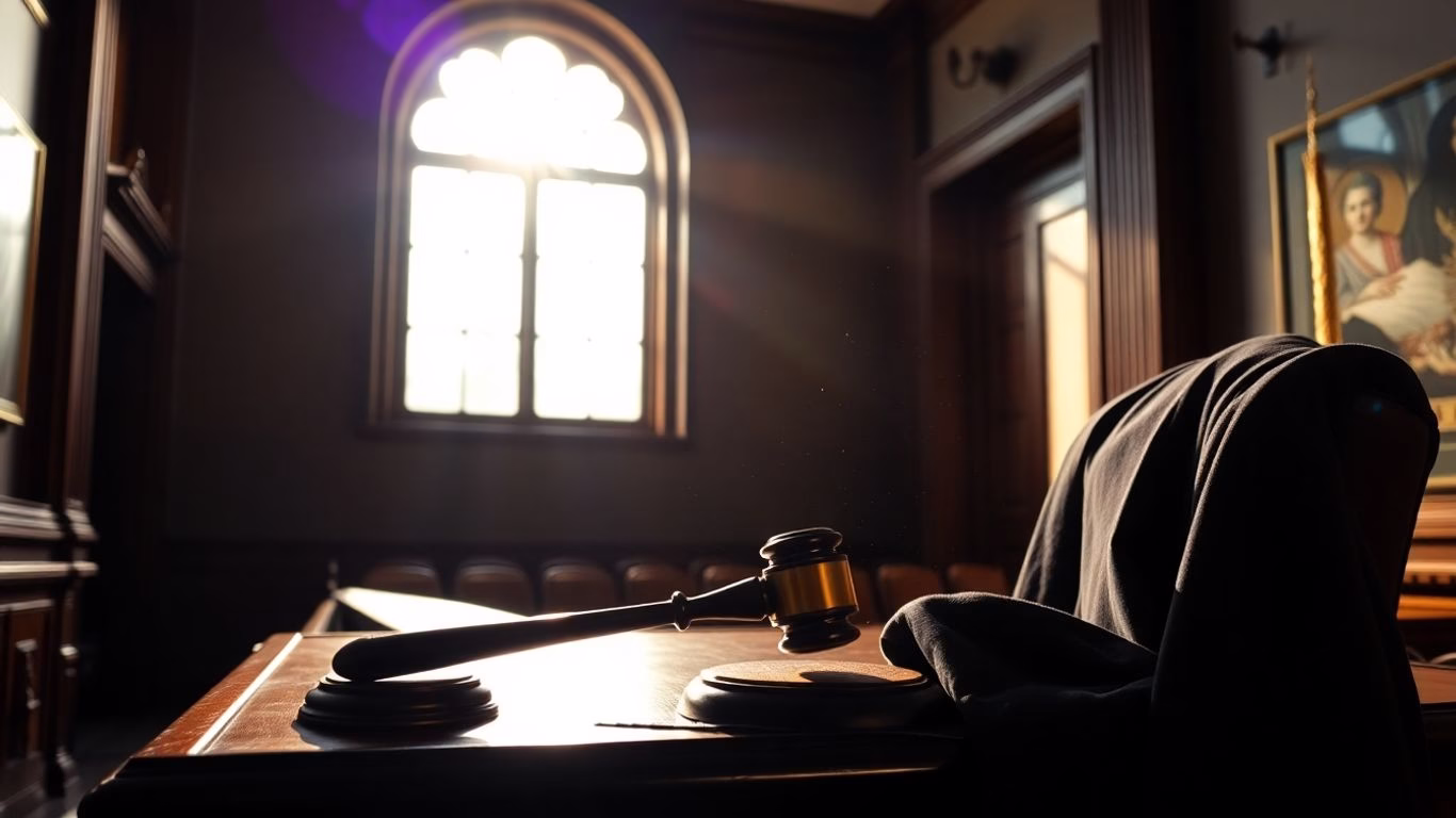 Courthouse interior with rainbow accent, legal challenges for LGBTQ+ rights.