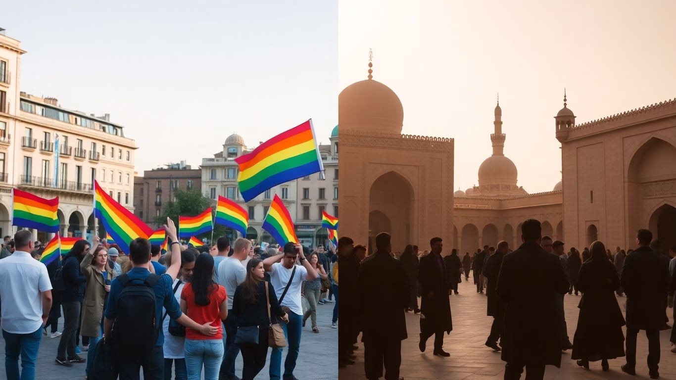 LGBTQ+ rights comparison: Western cities vs. Muslim-majority nations.