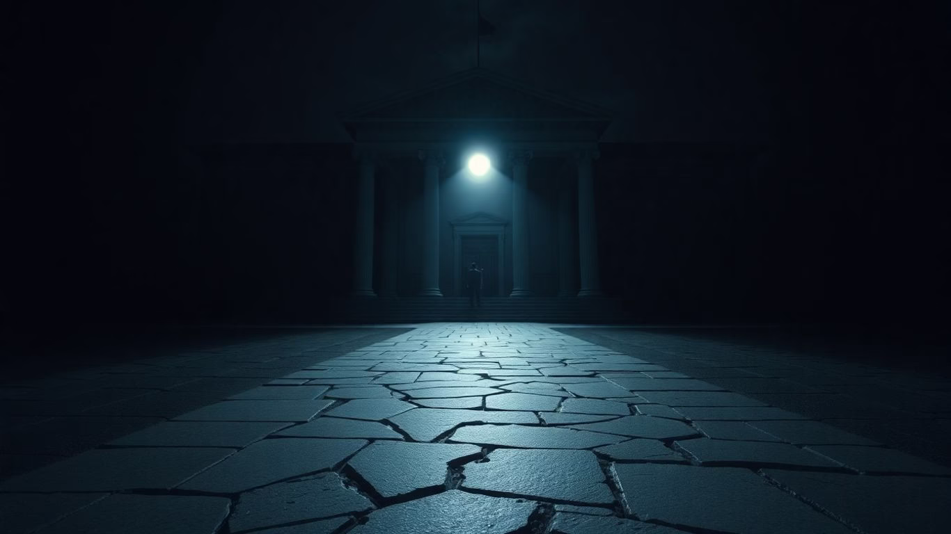 Courthouse facade with cracked pathway and distant figures.
