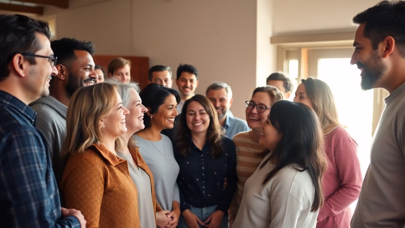 Diverse group of people connecting in a welcoming space.
