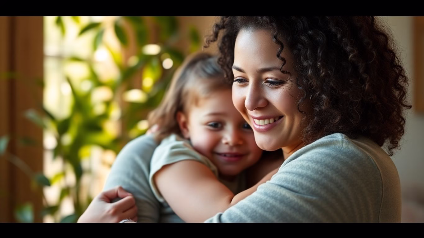 Mother and child embracing, symbolizing hope and security.