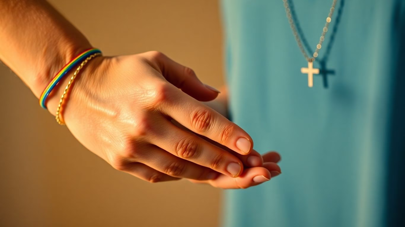 Hands clasped, rainbow and cross symbols visible.