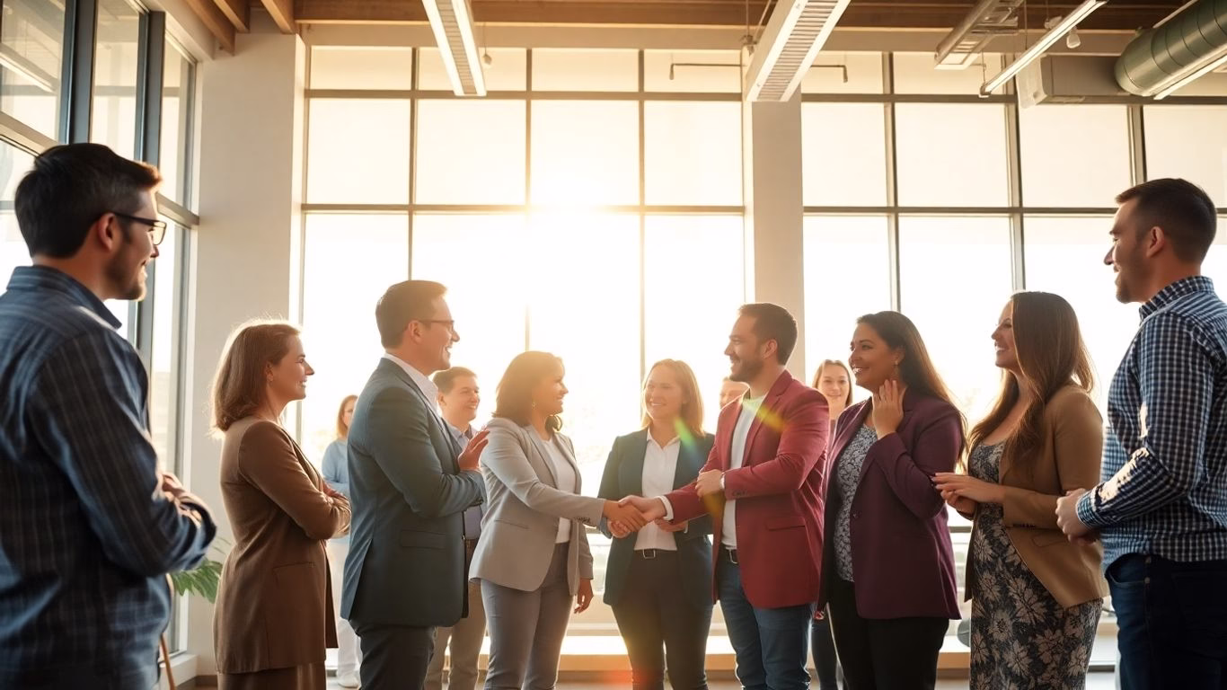 Diverse professionals collaborating and shaking hands in an office.