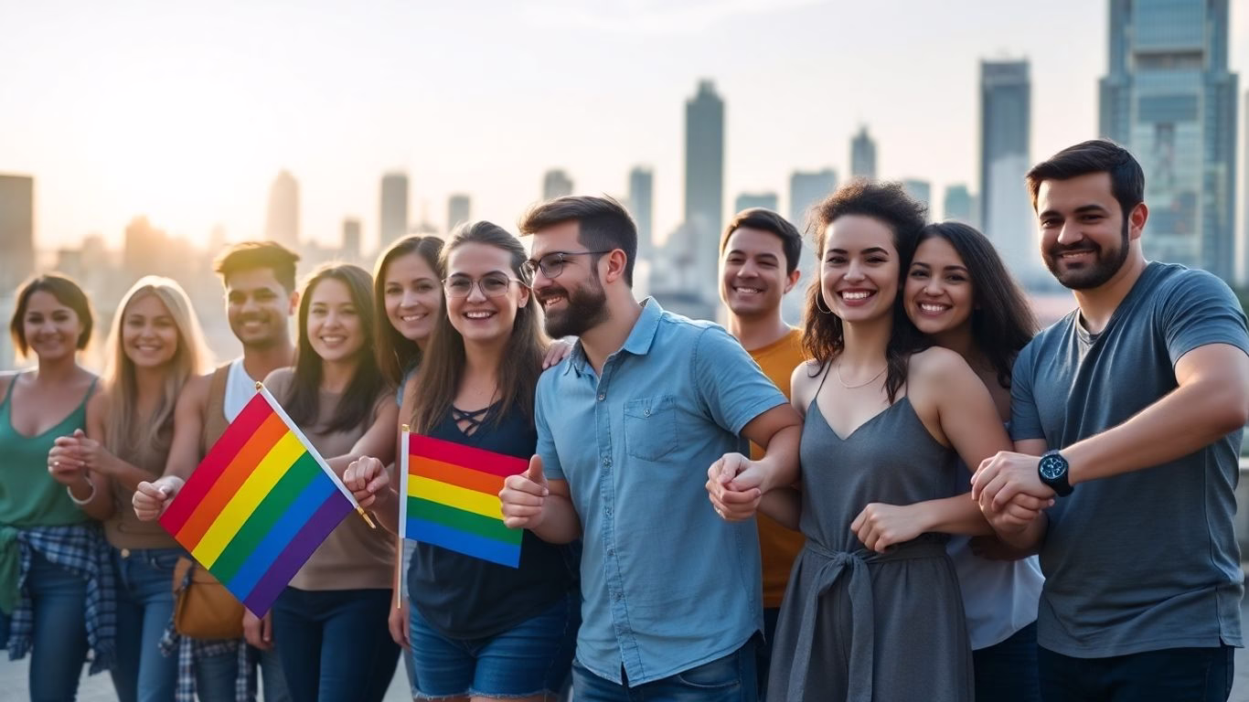 Diverse group holding hands, pride flags, cityscape, sunlight.