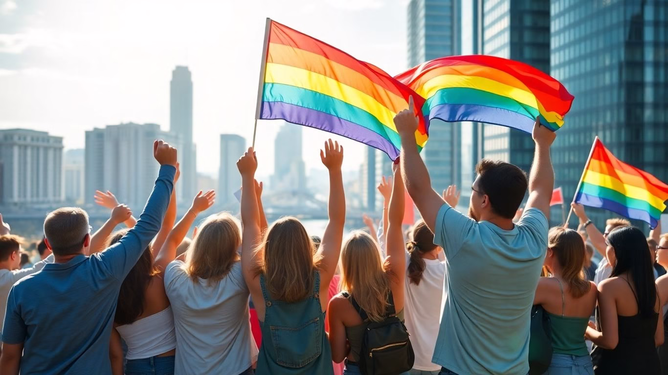 Diverse group holding hands with rainbow flags.